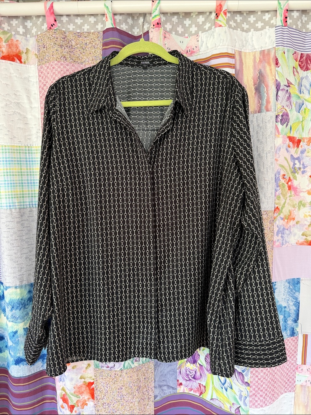 Express Black Button-Down Shirt with White Chain-Print